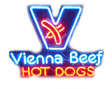 neon sign of Vienna Beef Hot Dogs logo and wordmark