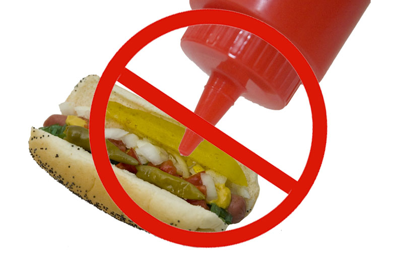 image of a bottle of ketchup looming over a Chicago hot dog, overlaid with a large red circle-and-strike symbol
